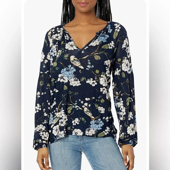 Lucky Brand Puff Sleeve Split Neck Floral Print Peasant Navy Blue Top S - Picture 1 of 6